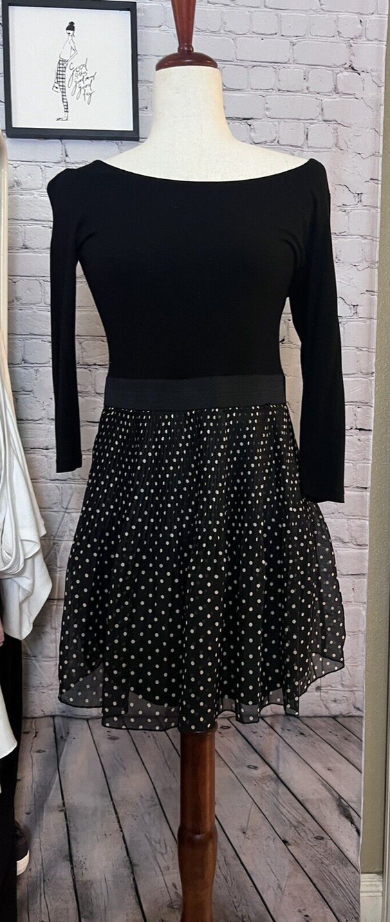 Forever21 Long Sleeve Mixed Media Dress Black Cream Polka Dots Women’s Lg